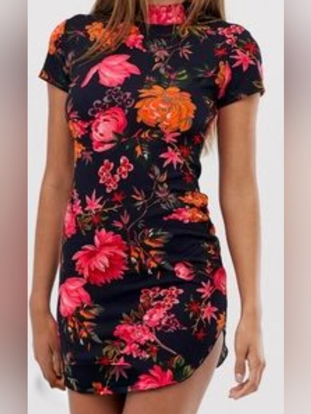 AX Paris Black High Neck Mini Dress Red and Orange Floral NWT sz L Wedding Guest